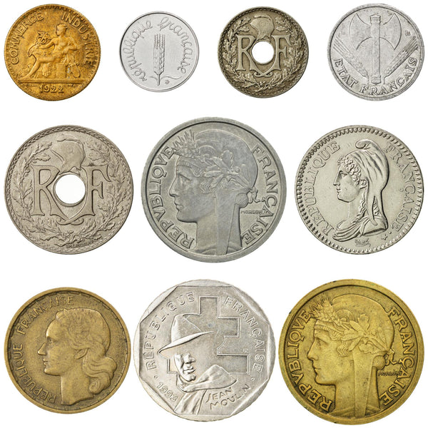 10 France Coins | French Currency Collection | 1 5 25 50 Centimes 1 2 20 Francs | Foreign Money | Collection De Pièces | 1917 - 2001