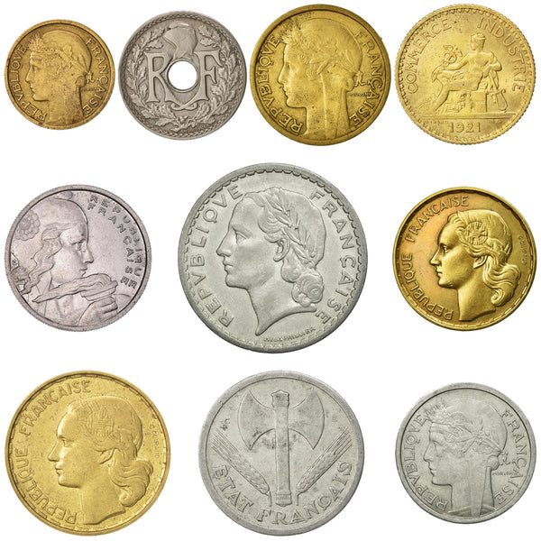 10 France Coins | French Currency Collection | 10 50 Centimes 1 2 5 20 50 100 Francs | Foreign Money | Collection De Pièces | 1917 - 1959