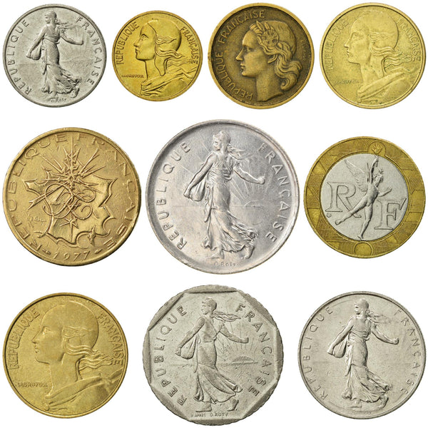 10 France Coins | French Currency Collection | 5 10 20 Centimes 1 1/2 2 5 10 Francs | Foreign Money | Collection De Pièces | 1950 - 2001