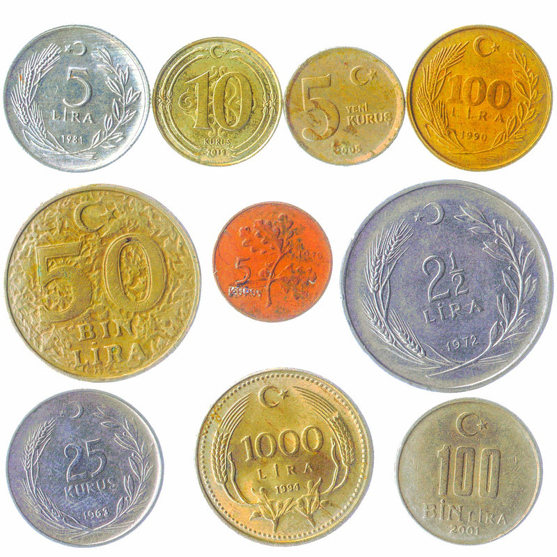 10 Mixed Turkish Coins | Kurus Bin Lira | Crescent and star | Mustafa Kemal Ataturk | 1961 - 2023