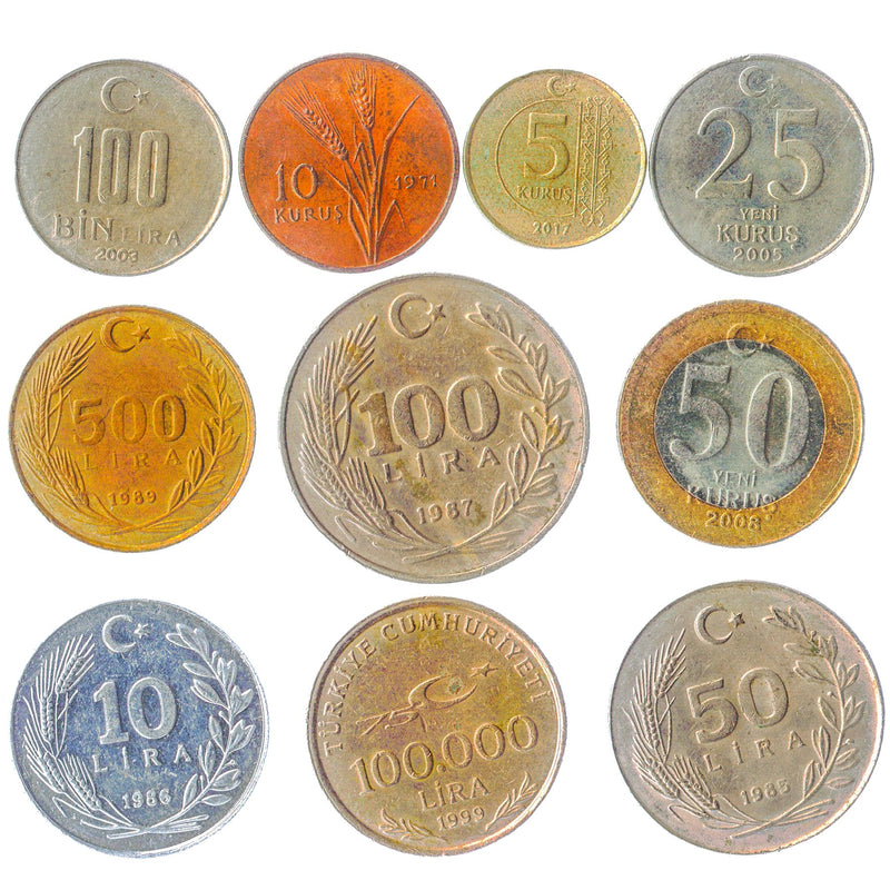 10 Mixed Turkish Coins | Kurus Bin Lira | Crescent and star | Mustafa Kemal Ataturk | 1961 - 2023