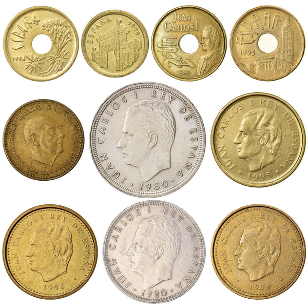10 Spain Coins | Spanish Currency Collection | 1 - 100 Pesetas | Foreign Money | Monedas De Coleccion | 1966 - 2000