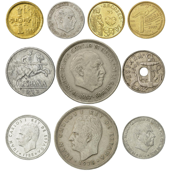 10 Spain Coins | Spanish Currency Collection | 10 50 Centimos 1 5 50 Pesetas | Foreign Money | Monedas De Coleccion | 1940 - 1995