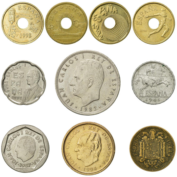 10 Spain Coins | Spanish Currency Collection | 5 Centimos 1 25 50 100 200 Pesetas | Foreign Money | Monedas De Coleccion | 1940 - 1994