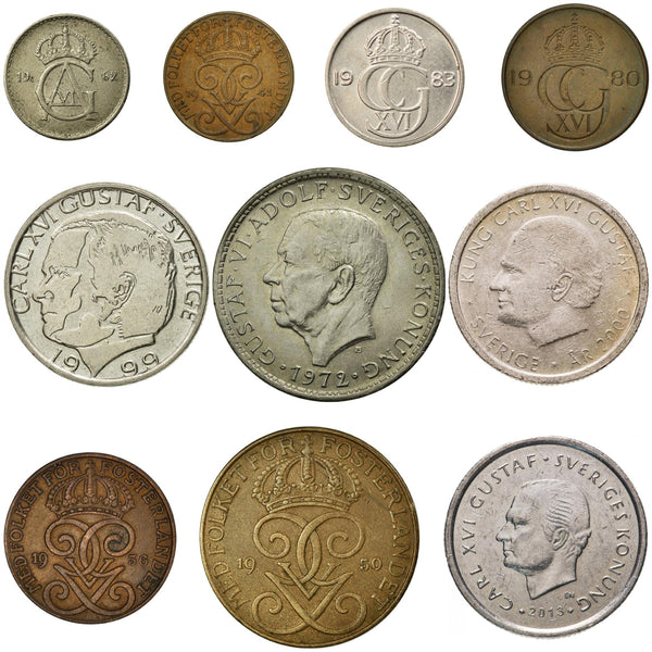 10 Sweden Coins | Swedish Currency Collection | 1 2 5 10 25 Ore 1 5 Kronor | Foreign Money | Collectible Coins | 1909 - 2013