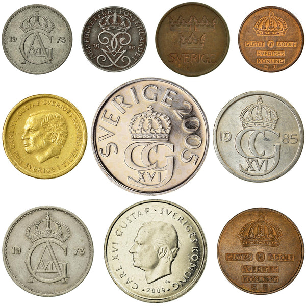 10 Sweden Coins | Swedish Currency Collection | 1 2 5 25 50 Ore 1 5 10 Kronor | Foreign Money | Collectible Coins | 1942 - 2009