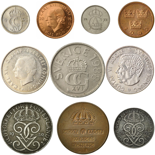 10 Sweden Coins | Swedish Currency Collection | 1 5 Kronor 2 5 10 50 Ore | Foreign Money | Collectible Coins | 1942 - 2016