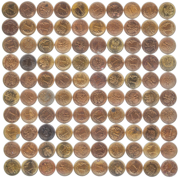 100 Coins | Poland 1 Grosz | 1990 - 2020 | Brass Plated Steel | 1.64g, Ø 15.5mm