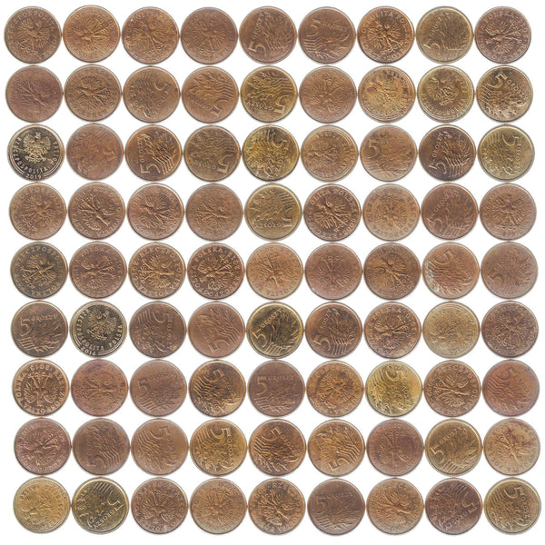 100 Coins | Poland 5 Groszy | 1990 - 2020 | Brass Plated Steel | 2.59g, Ø 19.5mm