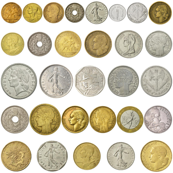 30 France Coins | French Currency Collection | 1 5 10 20 25 50 Centimes 1 1/2 2 5 10 20 50 100 Francs | Foreign Money | Collection De Pièces | 1917 - 2001