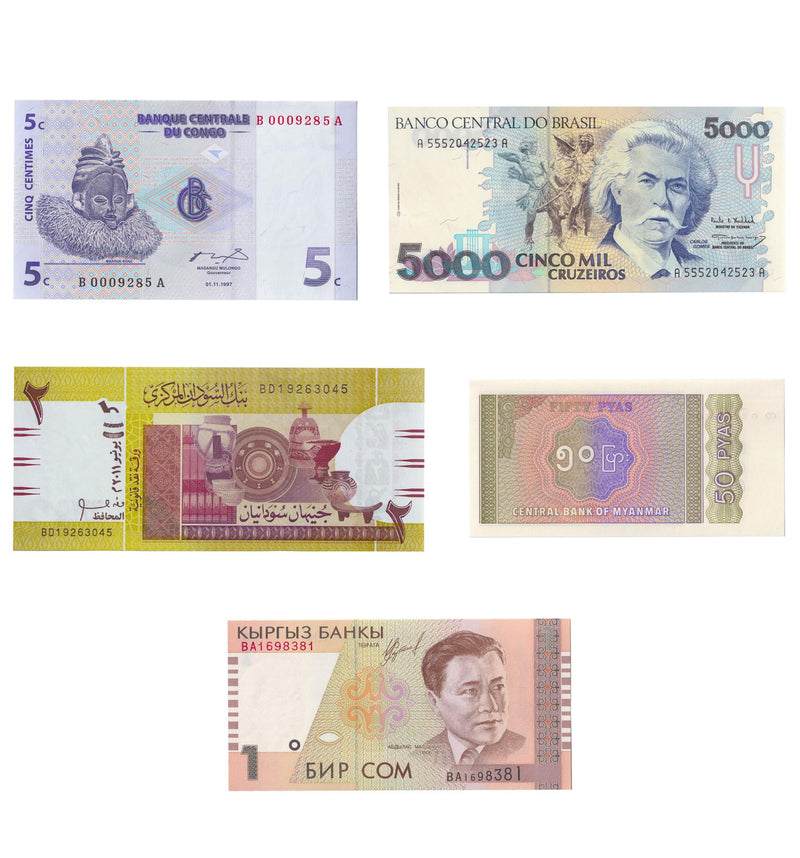 5 Banknote Collection | Music | Musical Instruments | Bow and Zande Harp | Piano | Saung | Music Scores