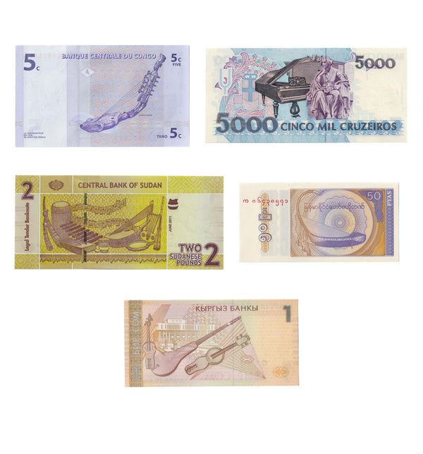 5 Banknote Collection | Music | Musical Instruments | Bow and Zande Harp | Piano | Saung | Music Scores