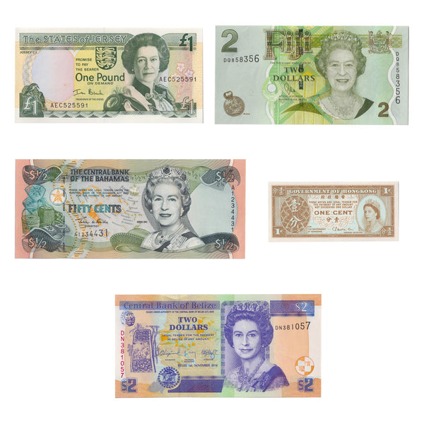 5 Banknote | Queen Elizabeth II | Hong Kong | Jersey | Fiji | Belize | Bahamas