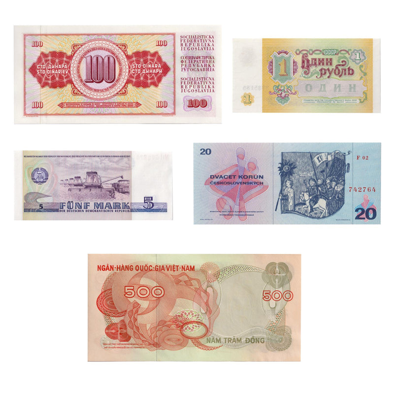 5 Banknote Set | Former Countries | USSR | East Germany | Czechoslovakia | Yugoslavia | Vietnam