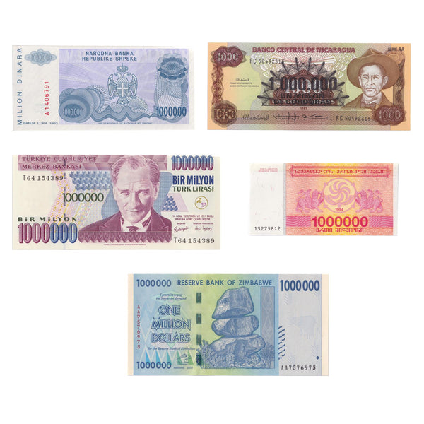 5 Banknote Set | Millionaires Club | Currency of 1 Million | Lari | Dinara | Dollars | Cordobas | Lira