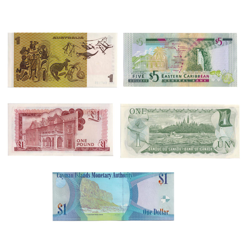 5 Banknote Set | Queen Elizabeth II | Gibraltar | Australia | East Caribbean States | Canada | Cayman Islands