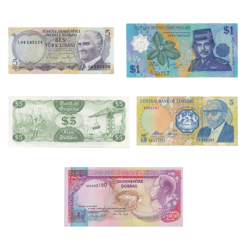 5 Banknote Set | Waterfalls | Lesotho | Turkey | Brunei | St. Thomas & Prince | Guyana