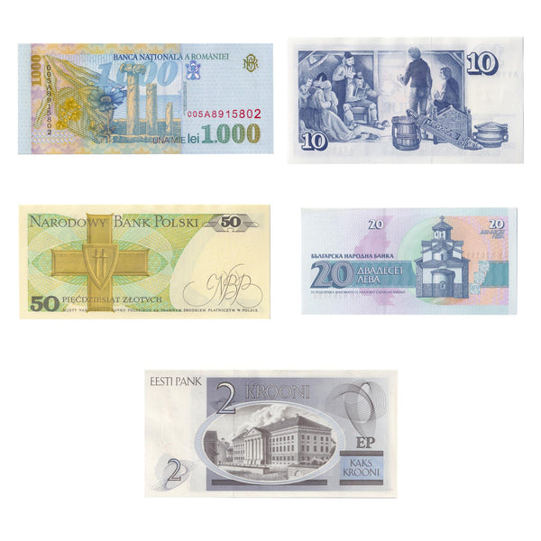 5 Banknote Setfrom Europe | Bulgaria | Iceland | Poland | Romania | Estonia