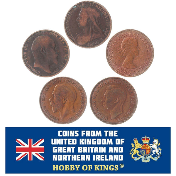 5 Coins United Kingdom 1 Penny Queen Elizabeth Ii And Victoria Kings George V And Vi Edward Vii 1895 - 1970