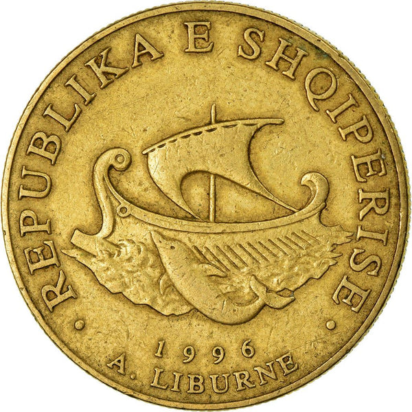 Albanian 20 Leke Coin | Liburn Ship | Dolphin | Oak | Laurel Branch | KM78 | 1996 - 2000