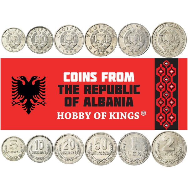 Albanian 6 Coin Set 5 10 20 50 Qindarka 1 2 Lekë | Teuta | Genthios | Dalmatian Pelican | Two Headed Eagle | Berat Castle | Liburn Ship | Albania | 1988 - 1989