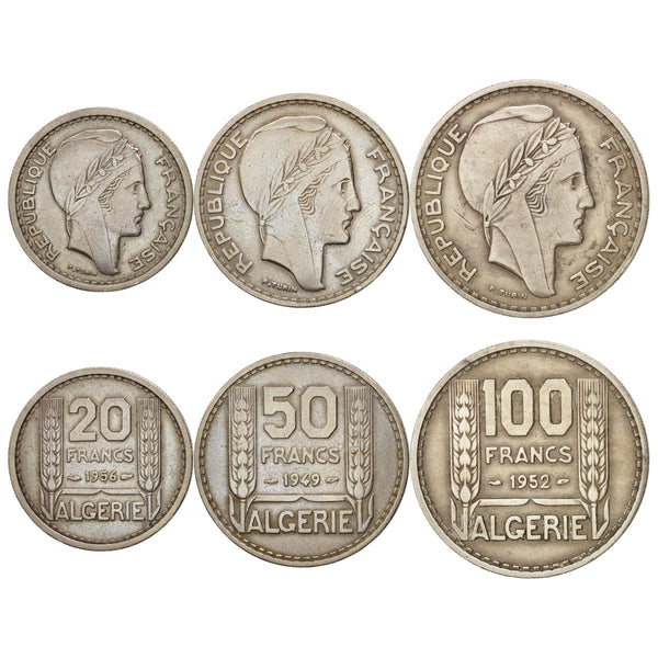 Algerian 3 Coin Set | 20 50 100 Franc | Marianne | 1949 - 1956