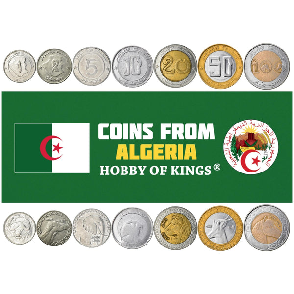 Algerian 7 Coin Set 1 2 5 10 20 50 100 Dinars | Elephant | Cow | Bovine | Camel | Horse | Fennec Fox | 1992 - 2021
