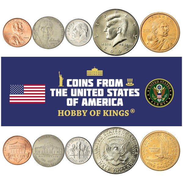 American 5 Coin Set 1 5 Cents 1 Dime ½ 1 Dollar | Abraham Lincoln | Thomas Jefferson | Franklin D. Roosevelt | John F. Kennedy | Sacagawea | Eagle | Monticello | United States | 2000 - 2022