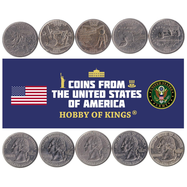 American 5 Coin Set ¼ Dollar | Astronaut | George Washington | Pelican | Magnolia Blossoms | Wright Brothers Plane | Racing Car | Guitar | Trumpet | Violin | United States | 2002