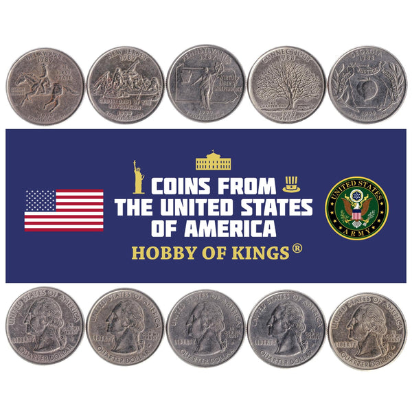 American 5 Coin Set ¼ Dollar | George Washington | Caesar Rodney | Commonwealth | Charter Oak | Peach | United States | 1999