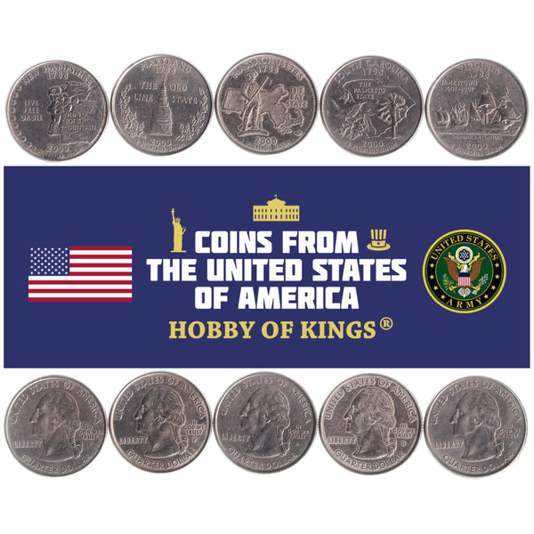American 5 Coin Set ¼ Dollar | George Washington | Carolina Wren | Maryland Statehouse | The Old Man Of The Mountain | Susan Constant | Godspeed | Discovery | United States | 2000