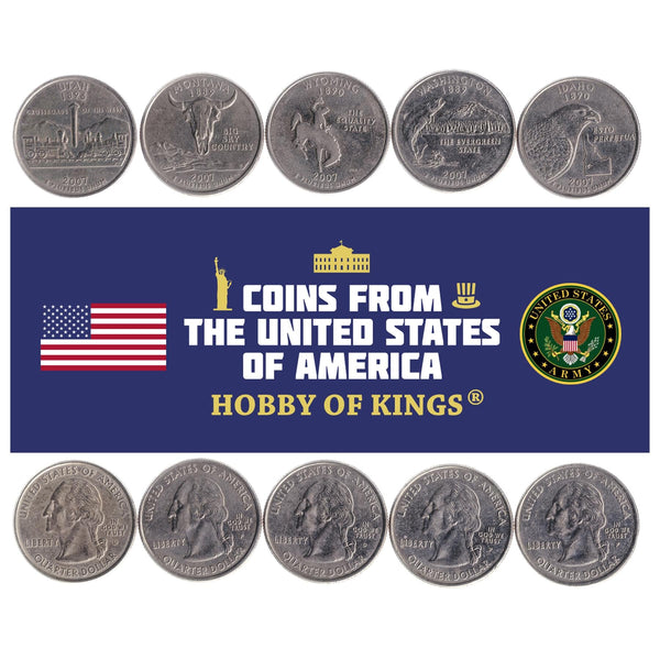 American 5 Coin Set ¼ Dollar | George Washington | Peregrine Falcon | Chinook Salmon | Mount Rainier | Locomotive | Bison Skull | Golden Spike | United States | 2007