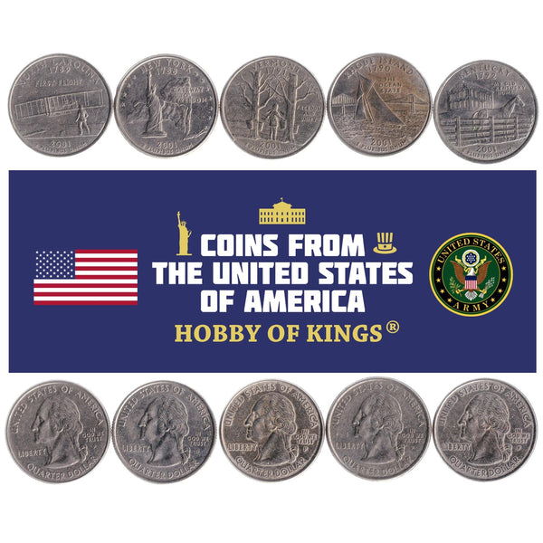 American 5 Coin Set ¼ Dollar | George Washington | The Stately Mansion | Pell Bridge | Statue Of Liberty | Maple Tree | Sailboat | Wright Brothers | United States | 2001