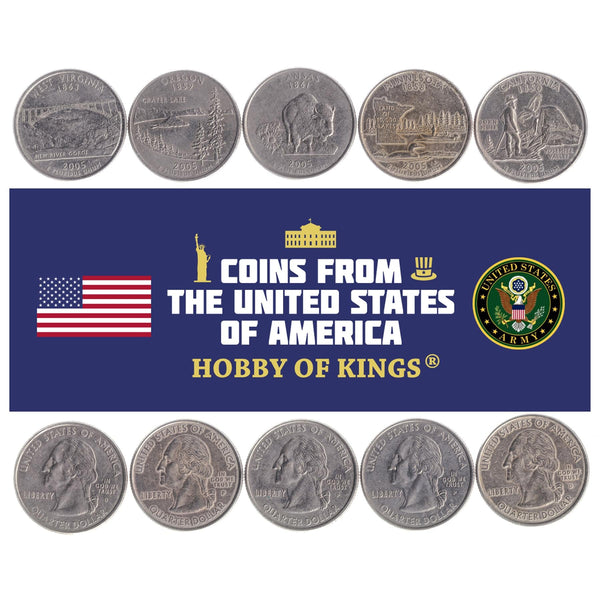 American 5 Coin Set ¼ Dollar | John Muir | George Washington | Buffalo | California Condor | Loon | New River Gorge Bridge | Sunflower | Crater Lake | United States | 2005