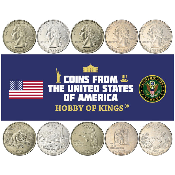 American 5 Coin Set ¼ Dollar | Kamehameha I | G. Washington | Grizzly Bear | Scissor-Tailed Flycatcher | Saguaro Cactus | The Grand Canyon | Zia Sun | United States | 2008