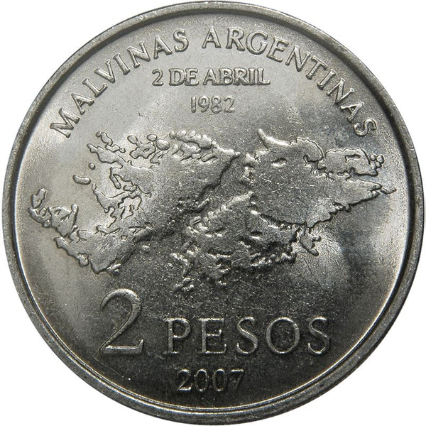 Argentina 2 Pesos Coin | Argentinian Soldier | Flag | Map | KM144 | 2007