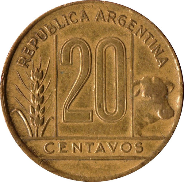 Argentina | 20 Centavos Coin | Cow | Grain Sprig | KM42 | 1942 - 1950