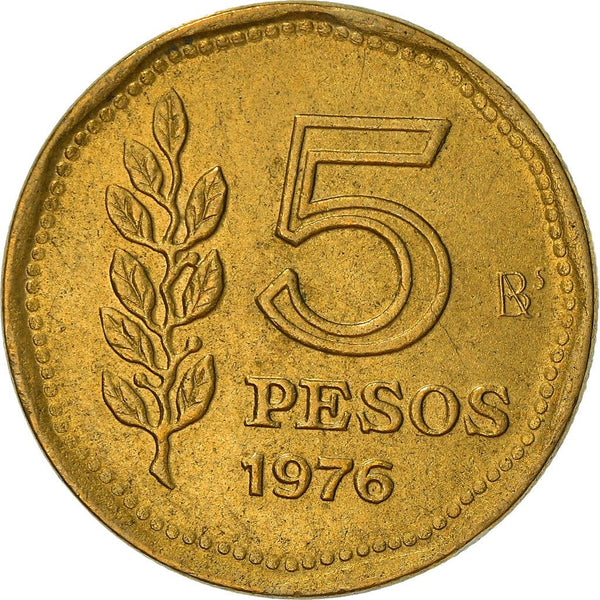 Argentina 5 Pesos Coin | Sol de Mayo | Sun | KM71 | 1976 - 1977