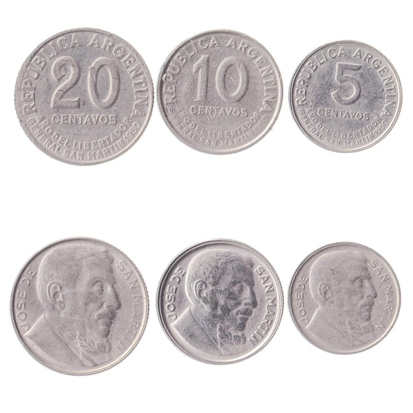 Argentine 3 Coin Set 5 10 20 Centavos | José de San Martín | 1950