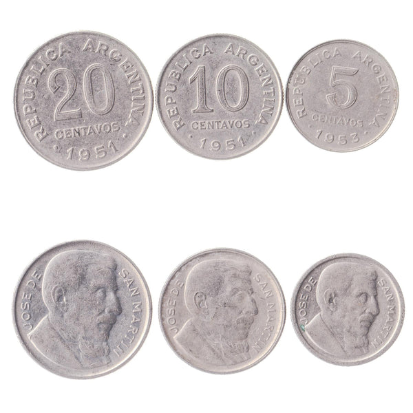 Argentine 3 Coin Set 5 10 20 Centavos | José de San Martín | 1951 - 1953
