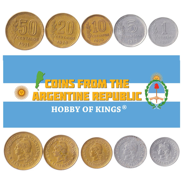 Argentine 5 Coin Set 1 5 10 20 50 Centavos | Liberty | Phrygian Cap | 1970 - 1976