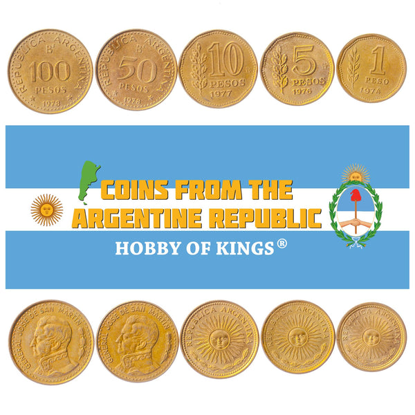 Argentine 5 Coin Set 1 5 10 50 100 Pesos | Grain Sprig | Jose de San Martin | Sol de Mayo | 1974 - 1981