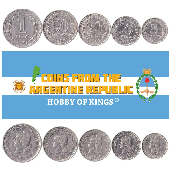 Argentine 5 Coin Set 5 10 20 50 Centavos 1 Peso | Marianne | Phrygian Cap | 1957 - 1962