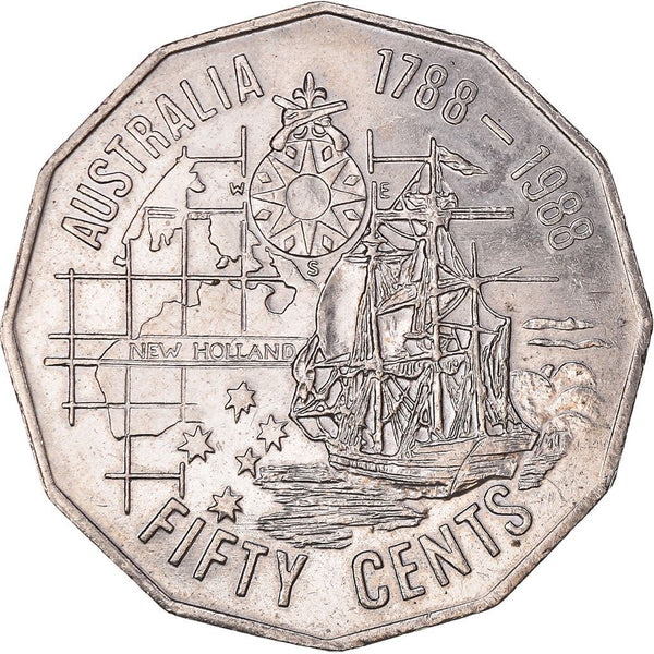 Australia Coin | 50 Cents | Elizabeth II | First Fleet Bicentenary | KM99 | 1988