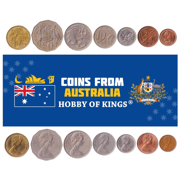 Australian 7 Coin Set 1 2 5 10 20 50 Cents 1 Dollar | Feathertail glider | Platypus | Superb Lyrebird | Frill-necked Lizard | Elizabeth II | Short-beaked echidnas | Emu | Kangaroo | 1966 - 1984