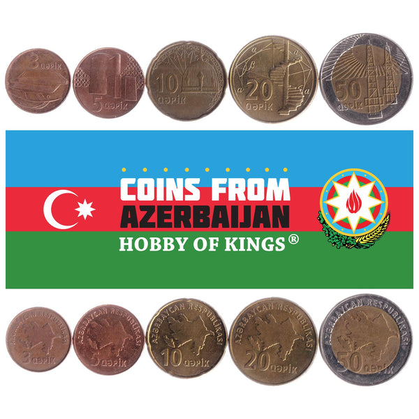 Azerbaijani 5 Coin Set 3 5 10 20 50 Qapik | Oil Wells | Maiden Tower | Military Helmet | Azerbaijan | 2006
