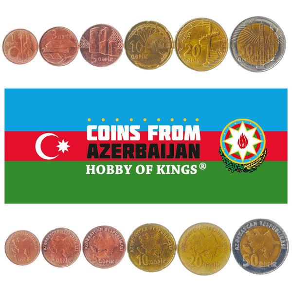 Azerbaijani 6 Coin Set 1 3 5 10 20 50 Qapik | Oil Wells | Maiden Tower | Military Helmet | Azerbaijan | 2006