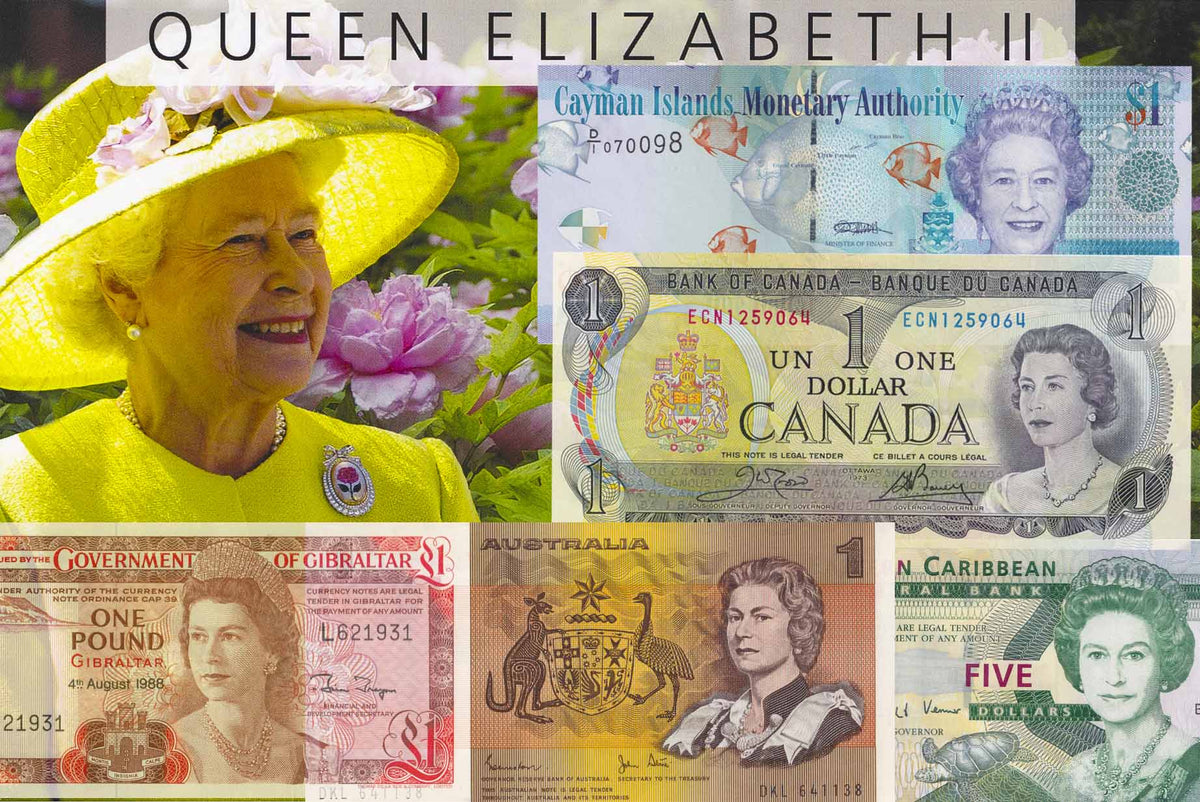 Banknotes Elizabeth II | HM Queen | One Pound | Cayman Islands | Gibraltar |  Eastern Caribbean States | Australia | Canada