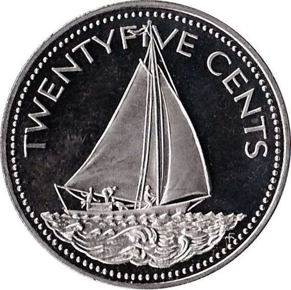 Bahamas | 25 Cents Coin | Sailboat | Flamingo | Marlin | KM63.1 | 1974 - 1989