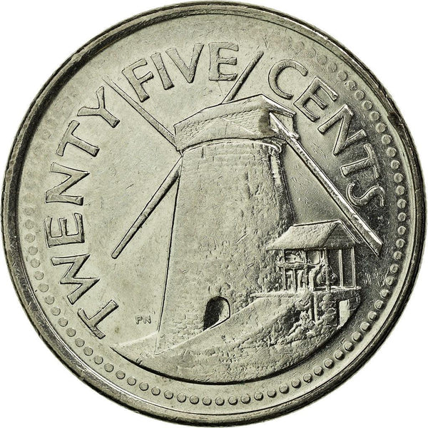 Barbados 25 Cents Coin | Queen Elizabeth II | Morgan Lewuis Windmill | KM13a | 2007 - 2011